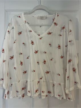 Cream Floral V-Neck Peasant Blouse